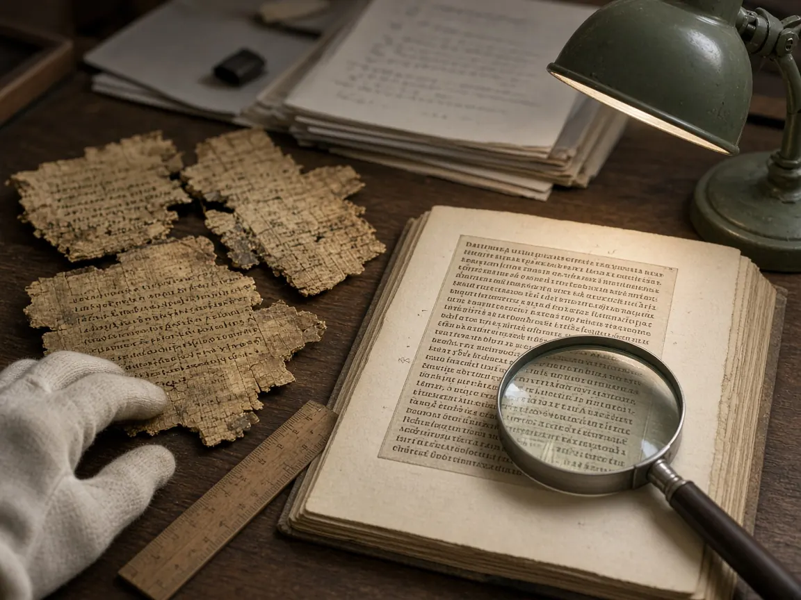 Filoloog onderzoekt Hesiodos Theogonia en Griekse papyrusfragmenten op werktafel in Leiden