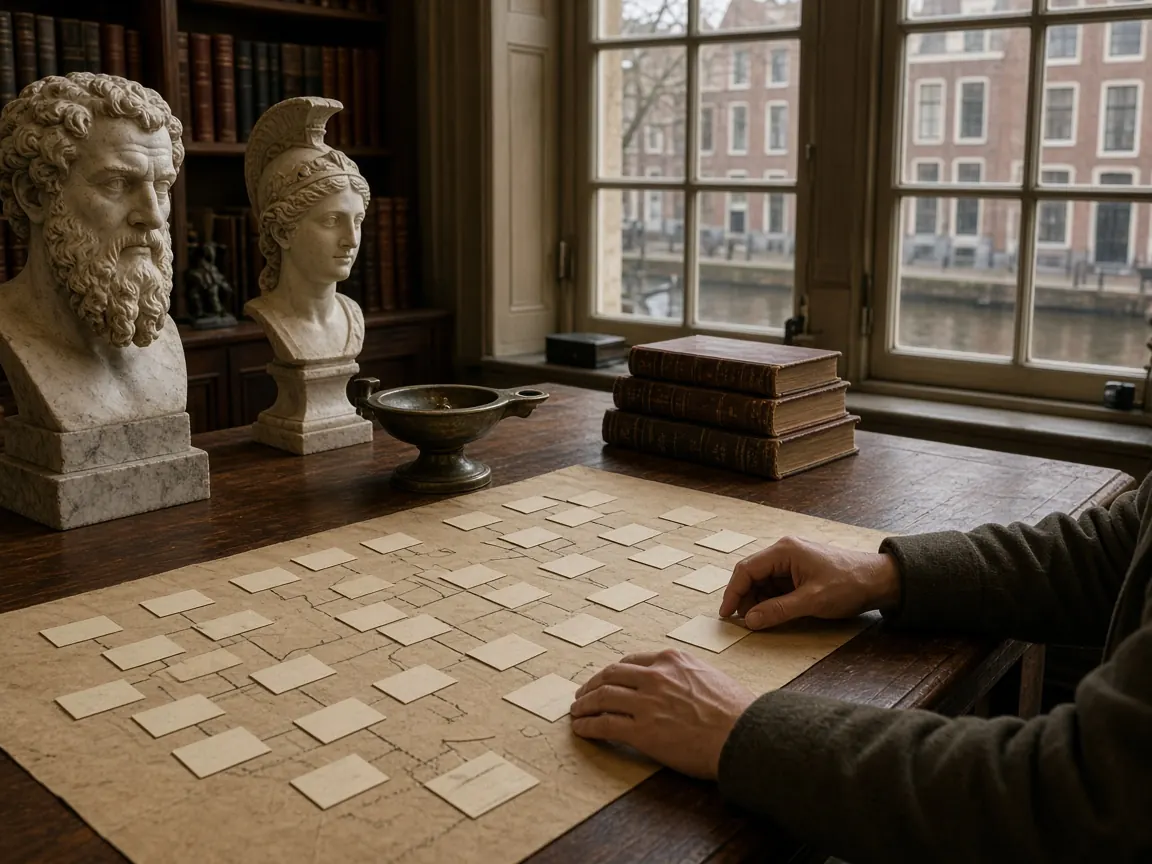 Docent legt Griekse mythologie stamboom van Olympische goden uit in studieatelier Leiden
