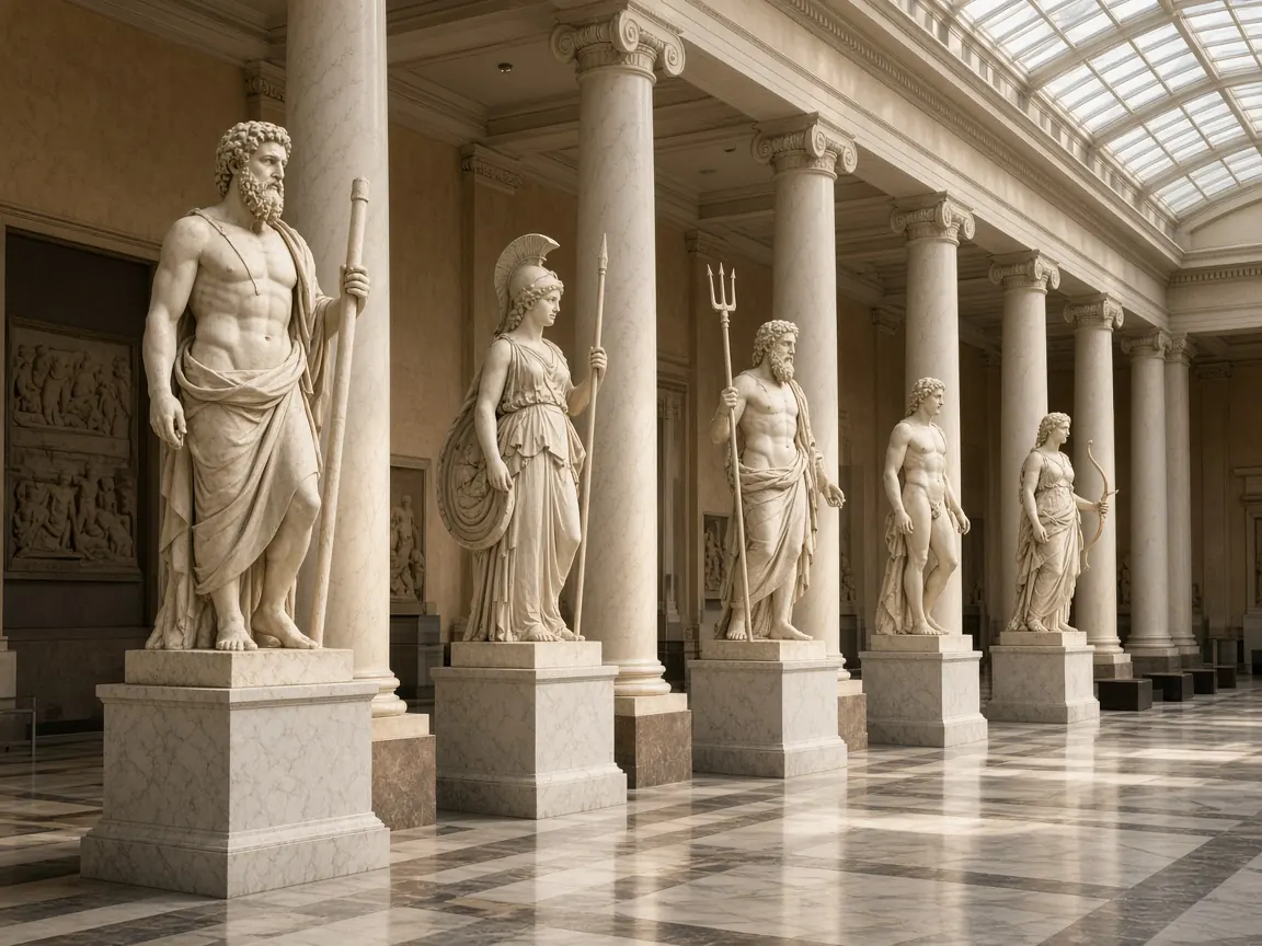 Marmeren beelden van Olympische goden Zeus Athena en Poseidon in antiquiteitenmuseum Leiden