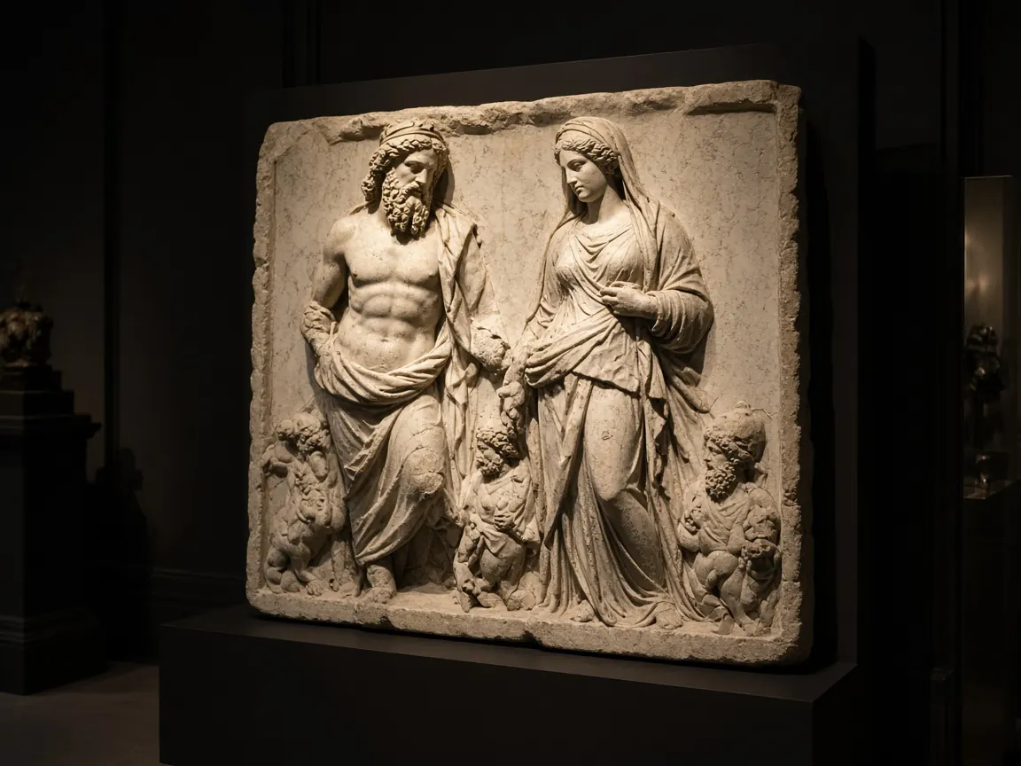 Stenen reliëf van Titanen en oergoden bestudeerd in antiquiteitengalerij in Leiden